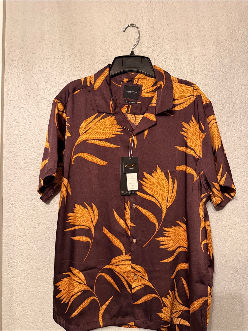 Denim & Flower Men's Dark Brown Shirt with Golden Leaf Print